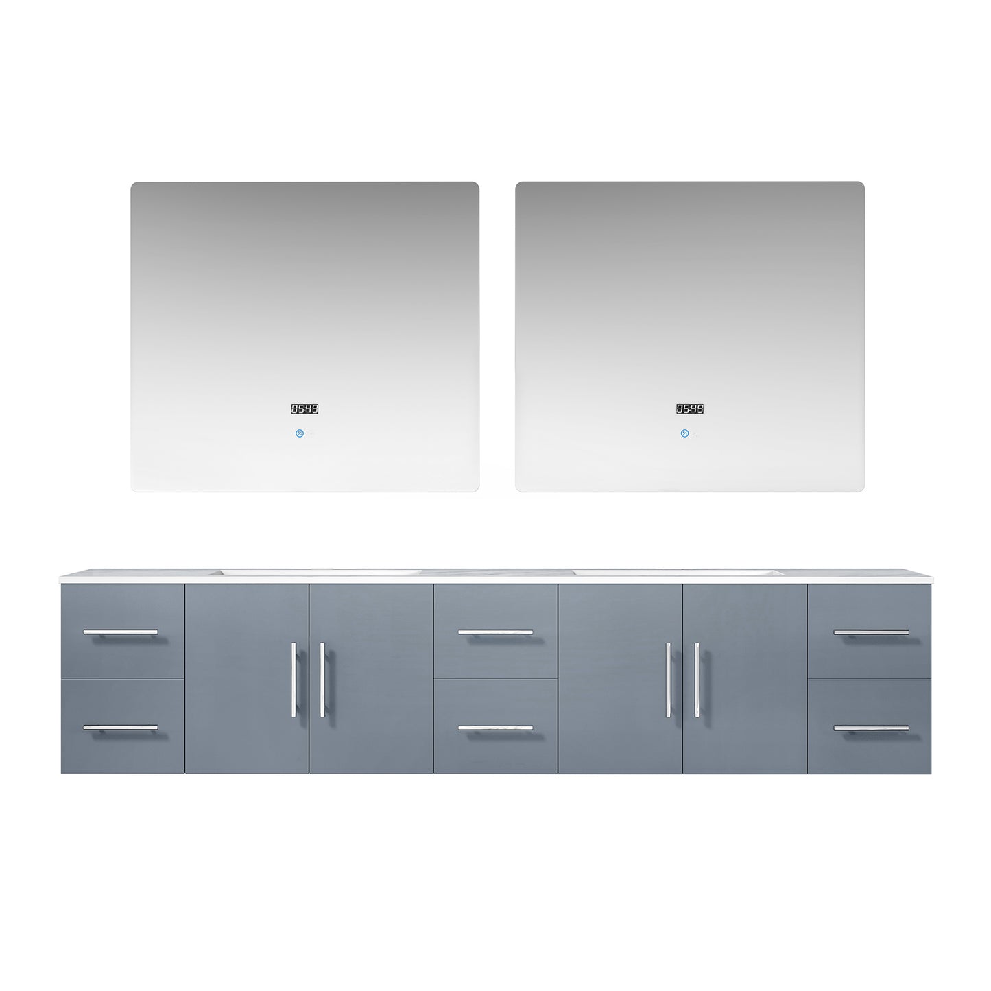 Geneva 84" Dark Grey Double Vanity, White Carrara Marble Top, White Square Sinks and 36" LED Mirrors