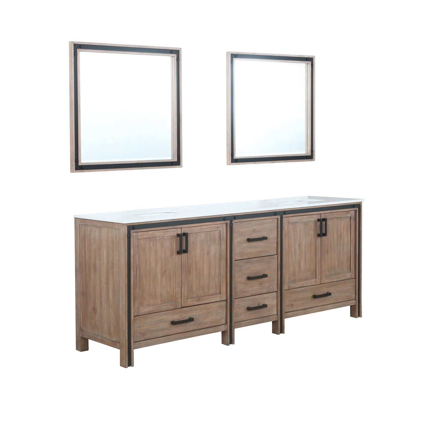 Ziva 84" Rustic Barnwood Double Vanity, Cultured Marble Top, White Square Sink and 34" Mirrors