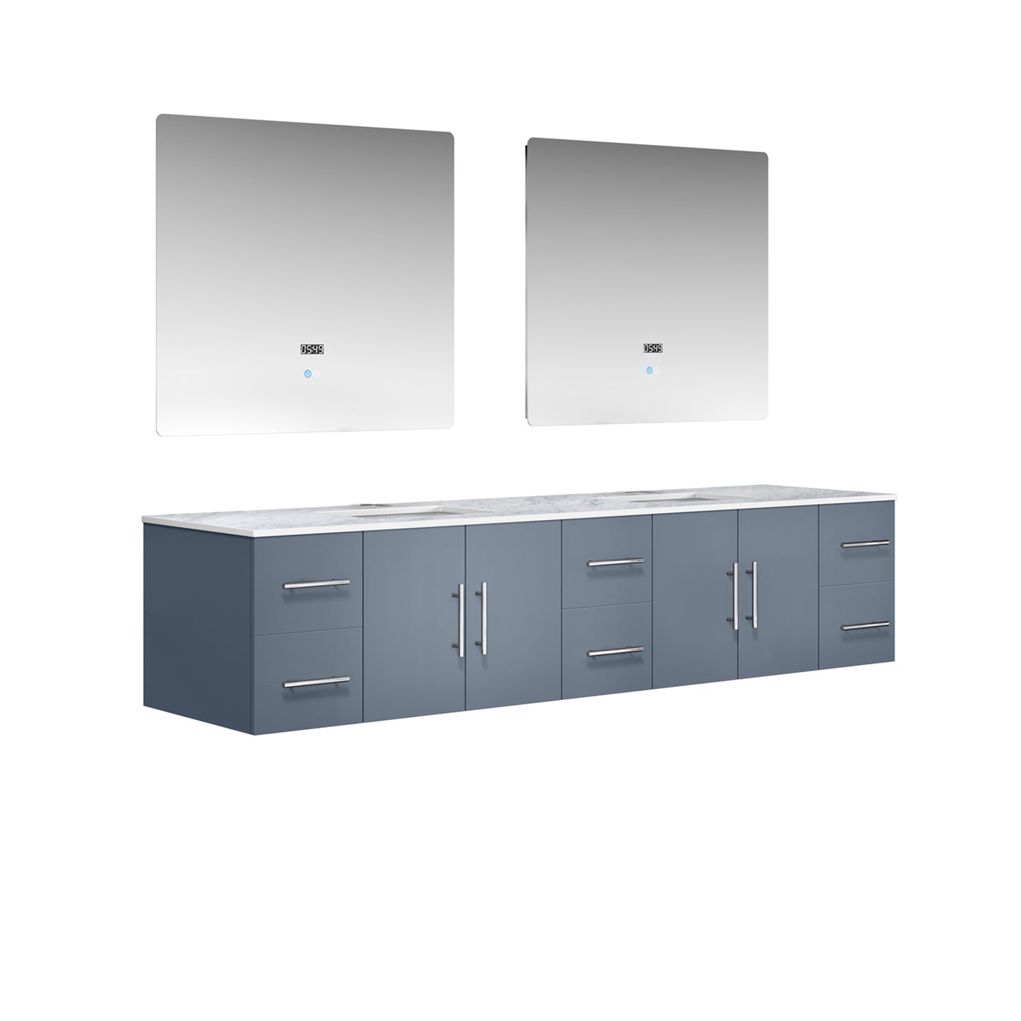 Geneva 84" Dark Grey Double Vanity, White Carrara Marble Top, White Square Sinks and 36" LED Mirrors