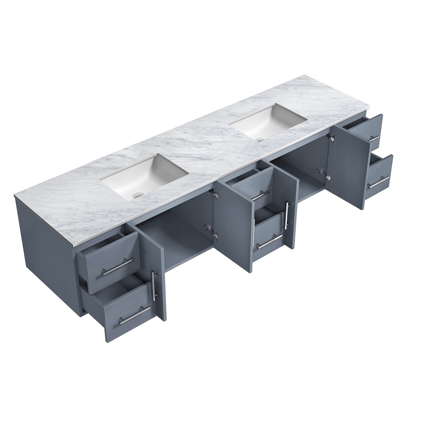 Geneva 84" Dark Grey Double Vanity, White Carrara Marble Top, White Square Sinks and no Mirror