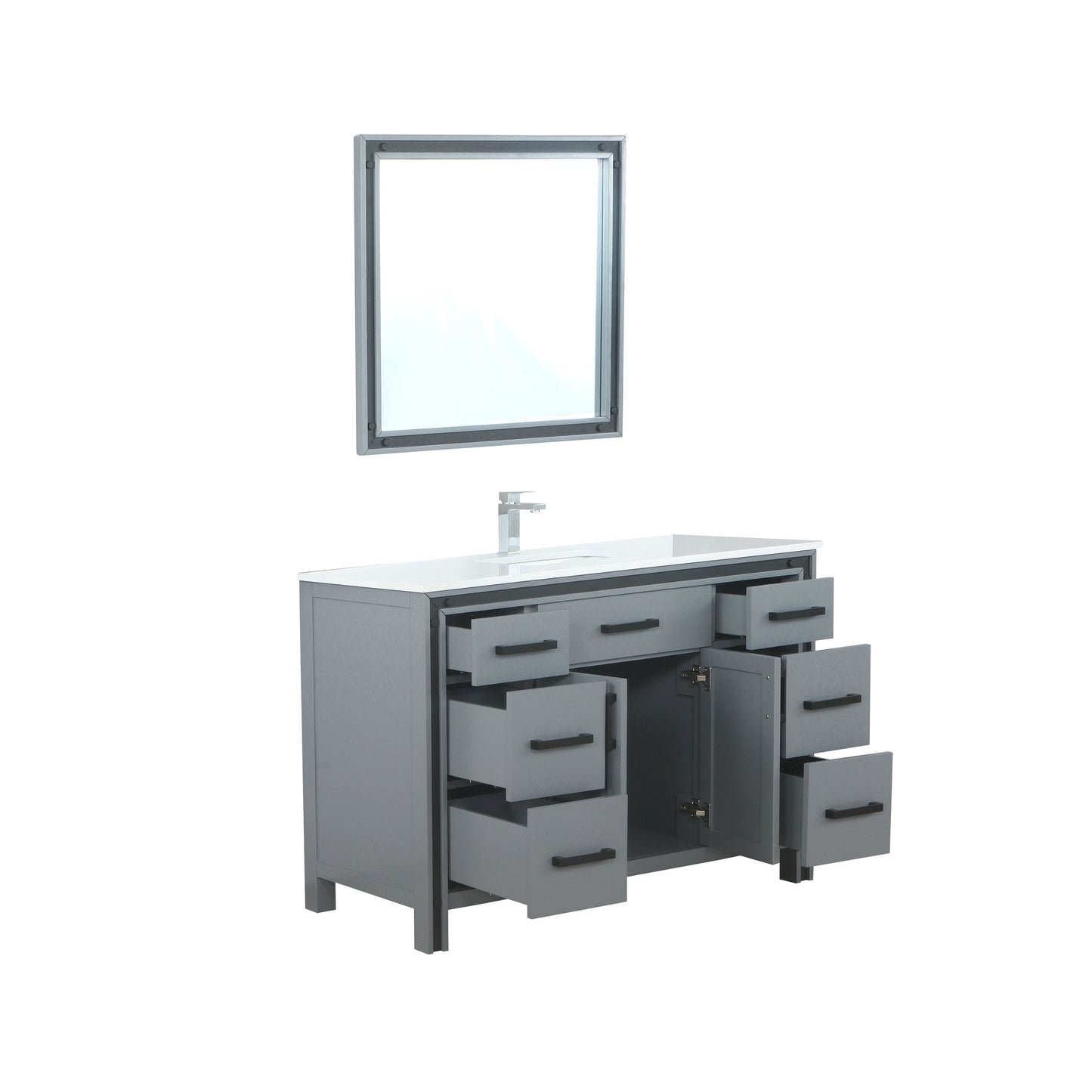 Ziva 48" Dark Grey Single Vanity, Cultured Marble Top, White Square Sink and 34" Mirror w/ Faucet