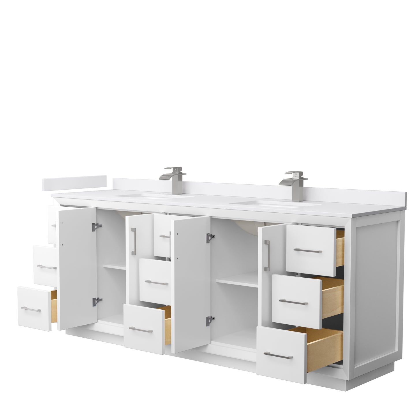 Strada 84 Inch Double Bathroom Vanity in White, White Cultured Marble Countertop, Undermount Square Sink, Brushed Nickel Trim