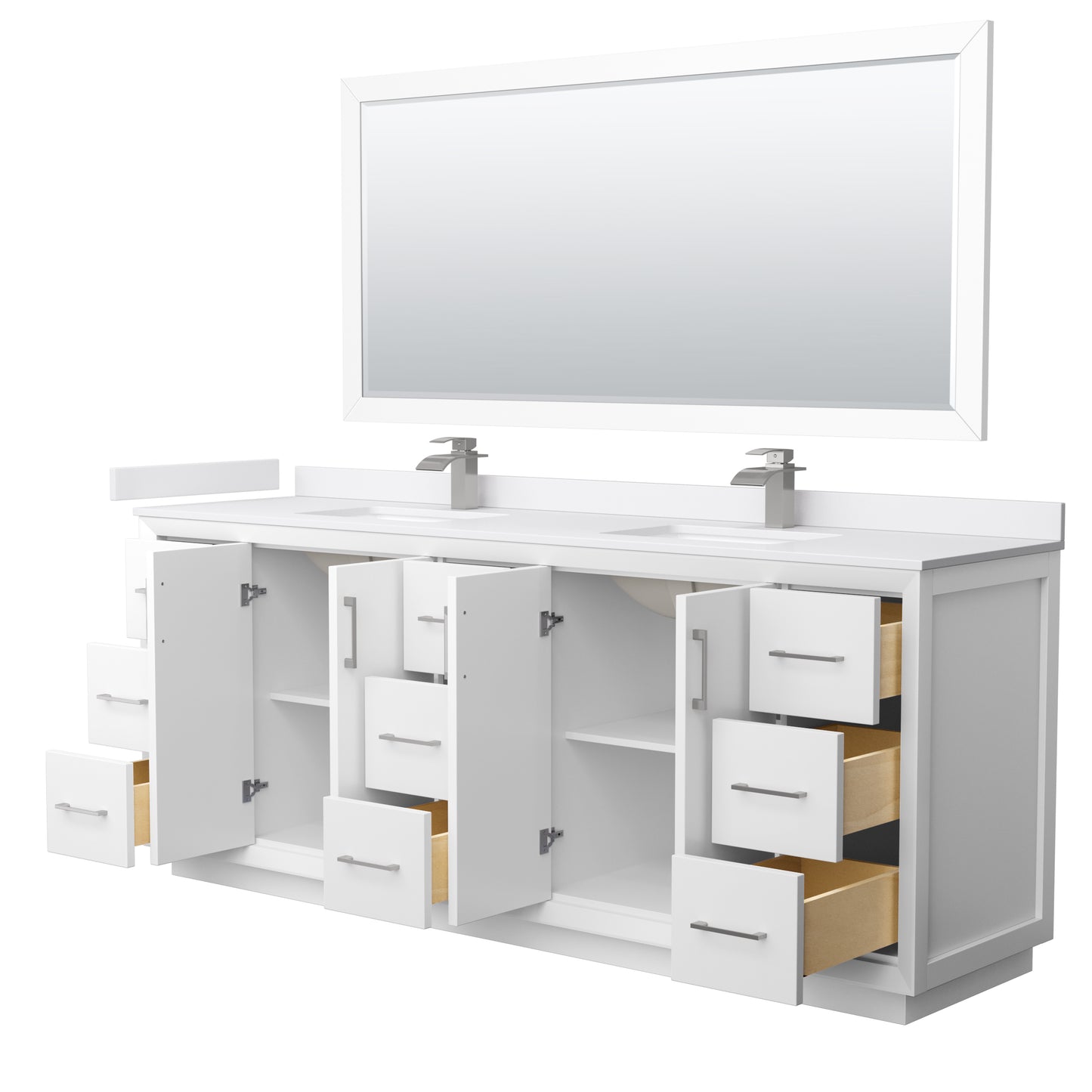 Strada 84 Inch Double Bathroom Vanity in White, White Cultured Marble Countertop, Undermount Square Sink, Brushed Nickel Trim, 70 Inch Mirror