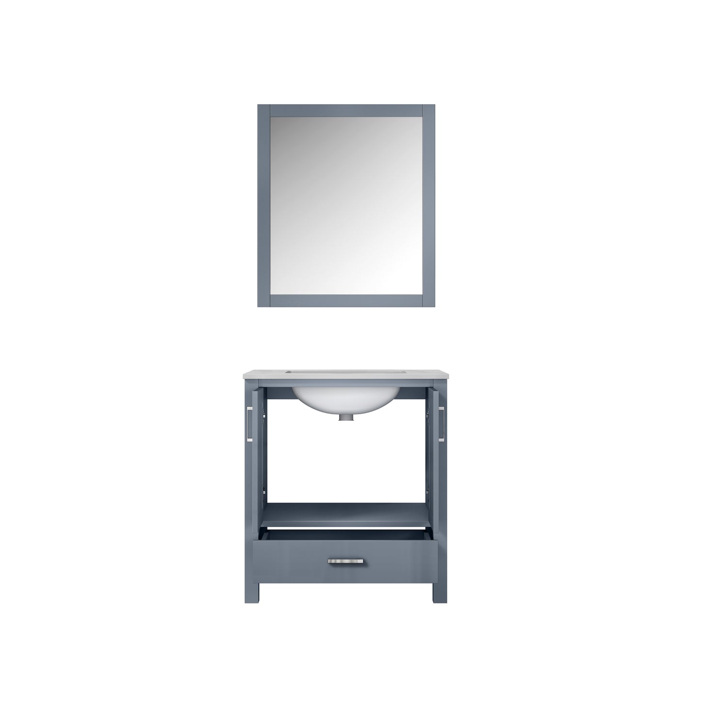 Jacques 30" Dark Grey Single Vanity, White Carrara Marble Top, White Square Sink and 28" Mirror