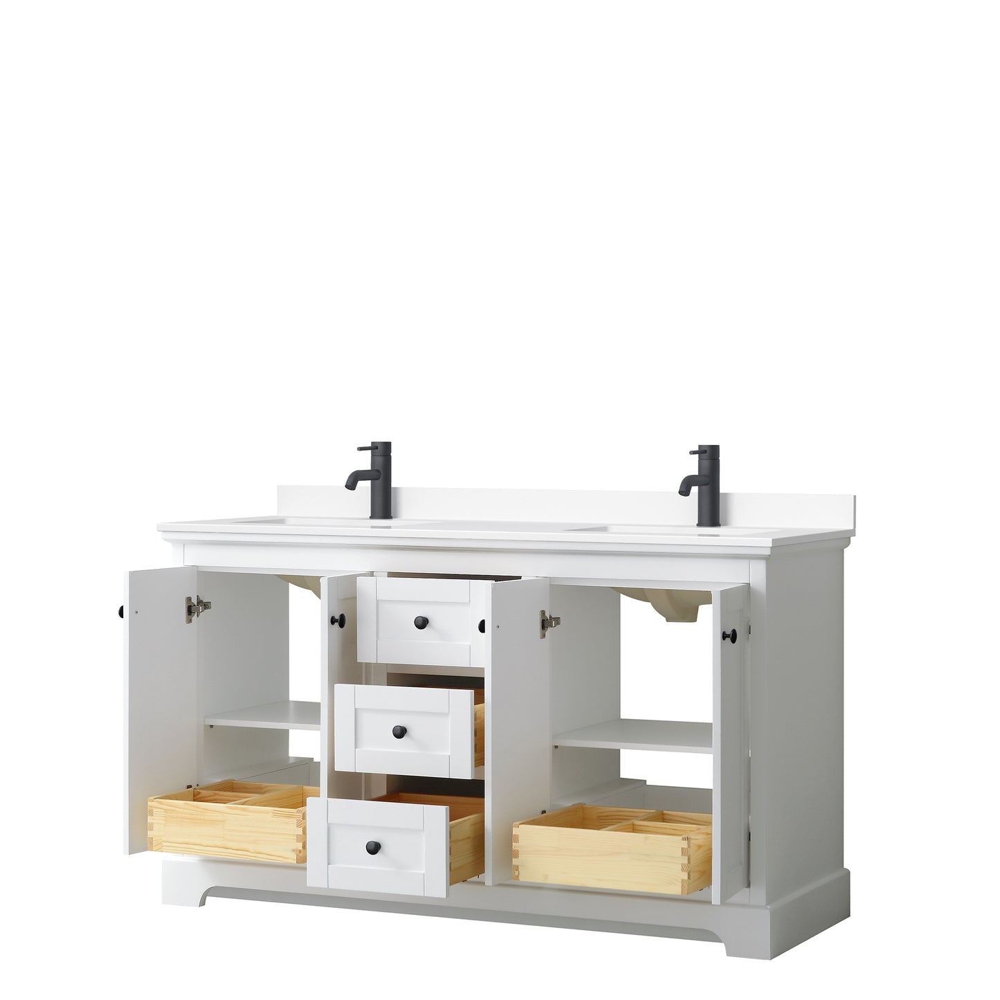 Avery 60 Inch Double Bathroom Vanity in White, White Cultured Marble Countertop, Undermount Square Sinks, Matte Black Trim