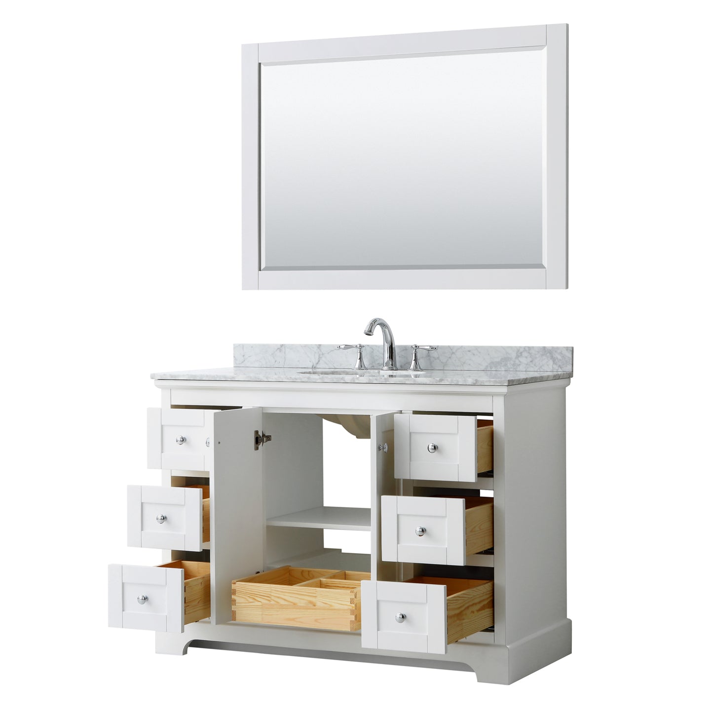 Avery 48 Inch Single Bathroom Vanity in White, White Carrara Marble Countertop, Undermount Oval Sink, and 46 Inch Mirror