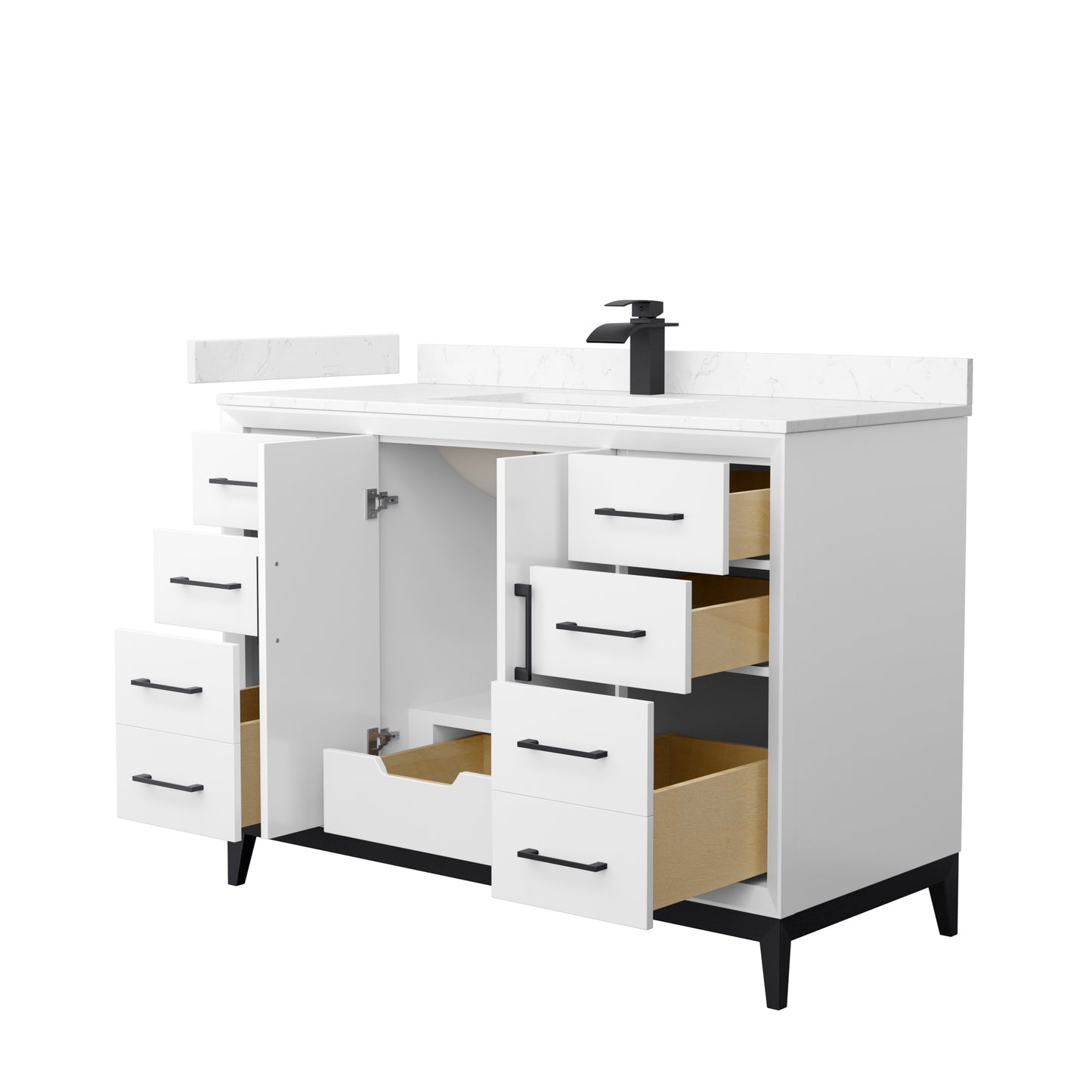 Amici 48 Inch Single Bathroom Vanity in White, Carrara Cultured Marble Countertop, Undermount Square Sink, Matte Black Trim