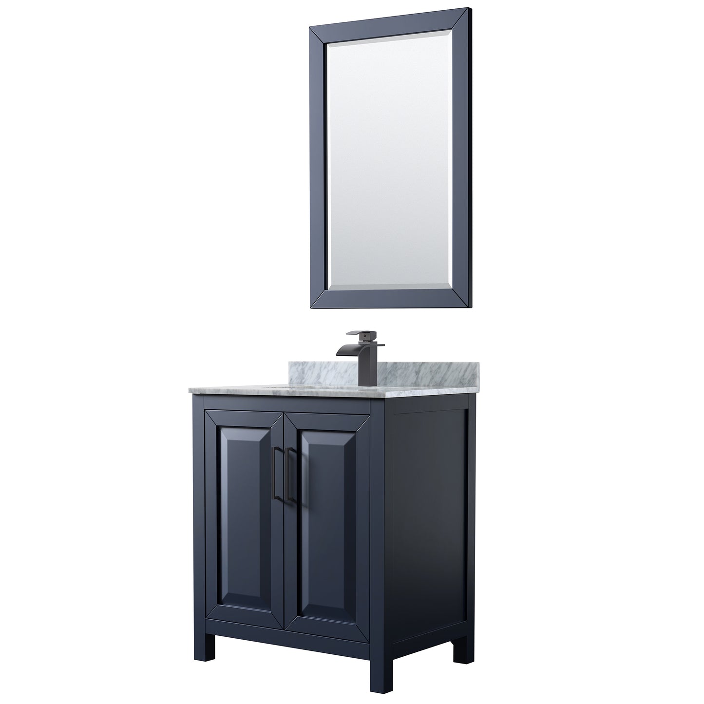 Daria 30 Inch Single Bathroom Vanity in Dark Blue, White Carrara Marble Countertop, Undermount Square Sink, Matte Black Trim, 24 Inch Mirror