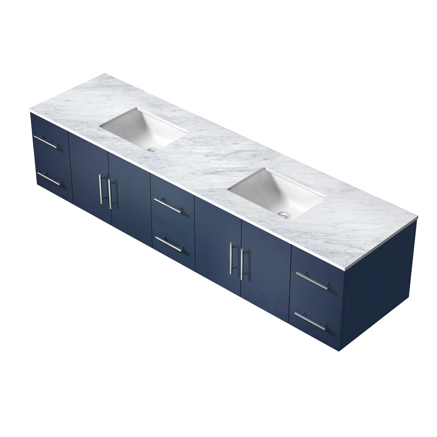 Geneva 84" Navy Blue Double Vanity, White Carrara Marble Top, White Square Sinks and no Mirror