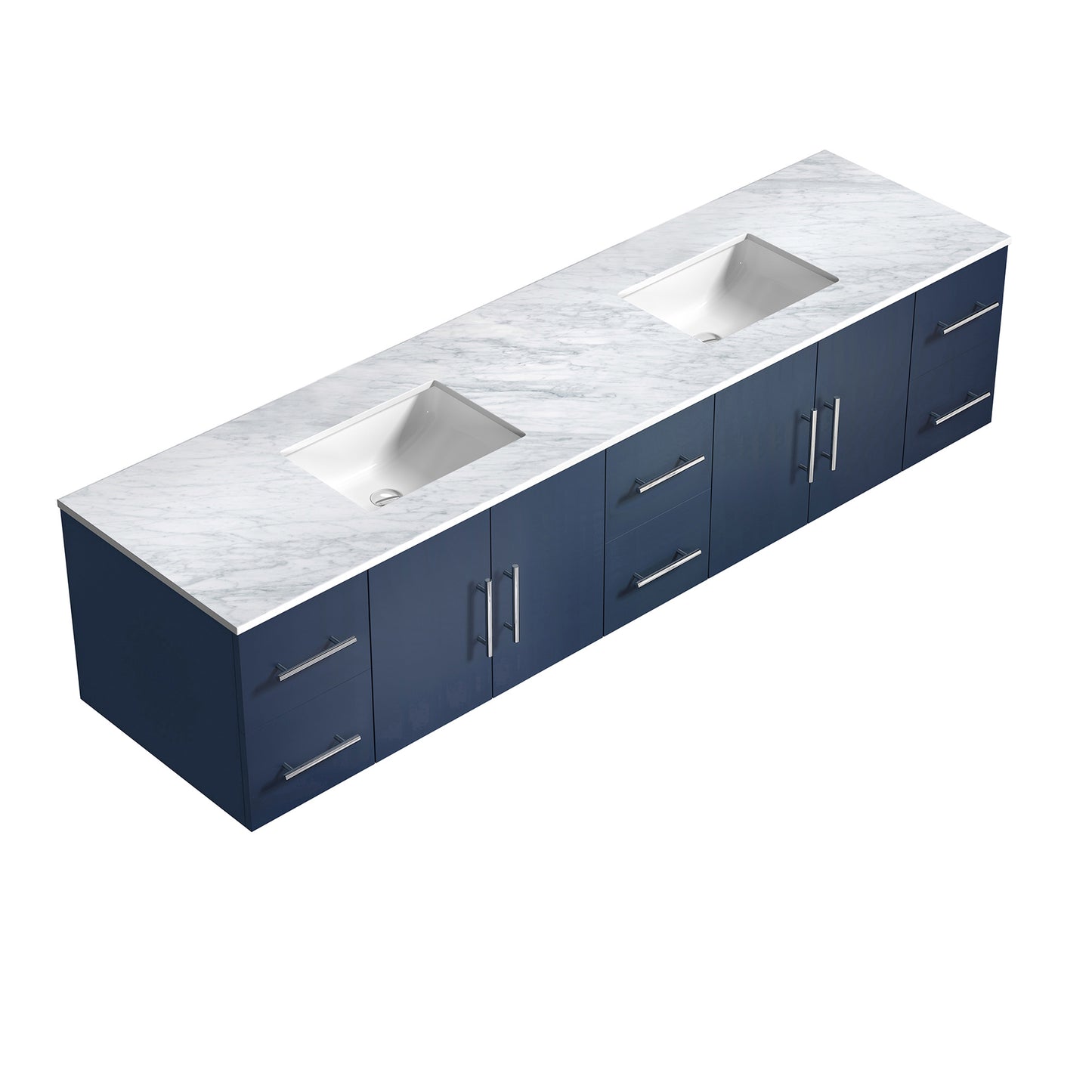 Geneva 84" Navy Blue Double Vanity, White Carrara Marble Top, White Square Sinks and 36" LED Mirrors