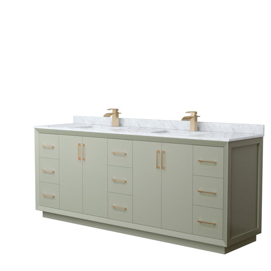 Strada 84 Inch Double Bathroom Vanity in Light Green, White Carrara Marble Countertop, Undermount Square Sinks, Satin Bronze Trim