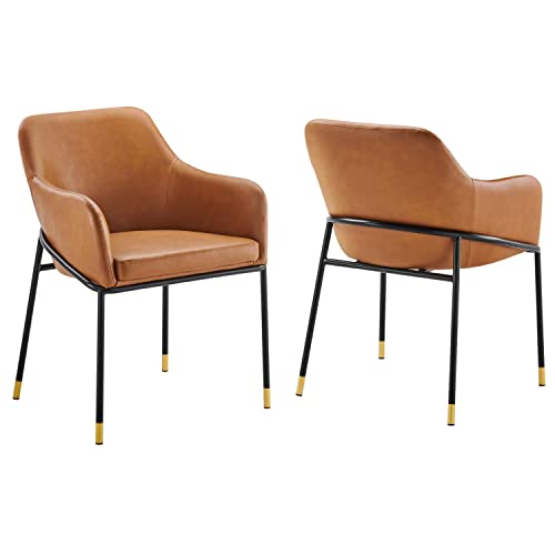 Modway Vegan Leather Armchair Set of 2 in Black Tan Dining Chair