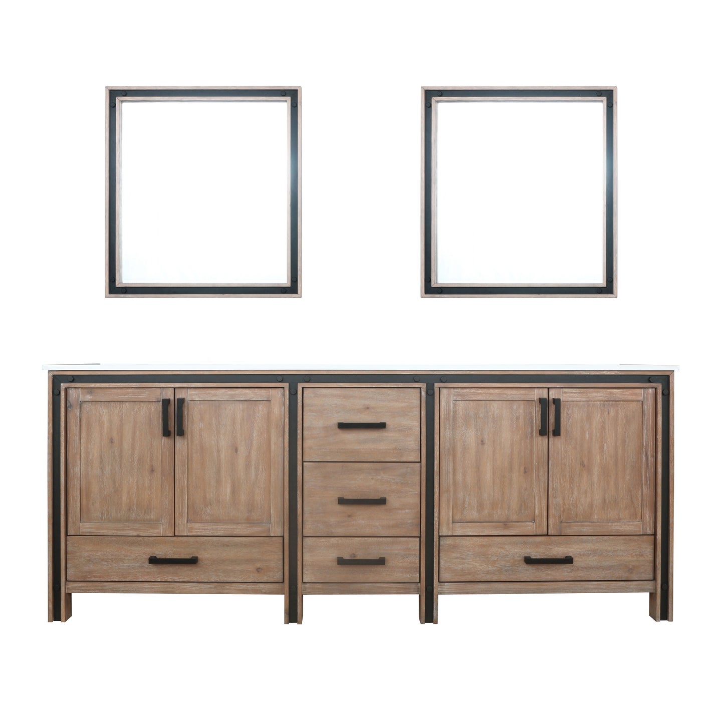 Ziva 84" Rustic Barnwood Double Vanity, Cultured Marble Top, White Square Sink and 34" Mirrors