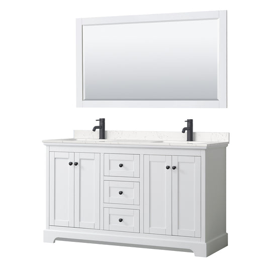 Avery 60 Inch Double Bathroom Vanity in White, Carrara Cultured Marble Countertop, Undermount Square Sinks, Matte Black Trim, 58 Inch Mirror