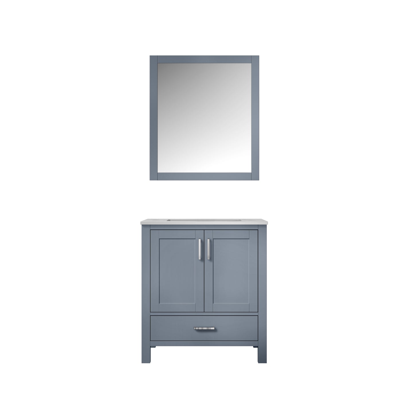 Jacques 30" Dark Grey Single Vanity, White Carrara Marble Top, White Square Sink and 28" Mirror