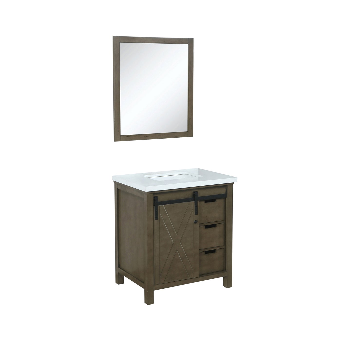 Marsyas 30" Rustic Brown Single Vanity, White Quartz Top, White Square Sink and 28" Mirror
