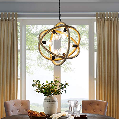 Modway Transpose Rustic Modern Farmhouse Rope-Wrapped Circular Chandelier Pendant Light In