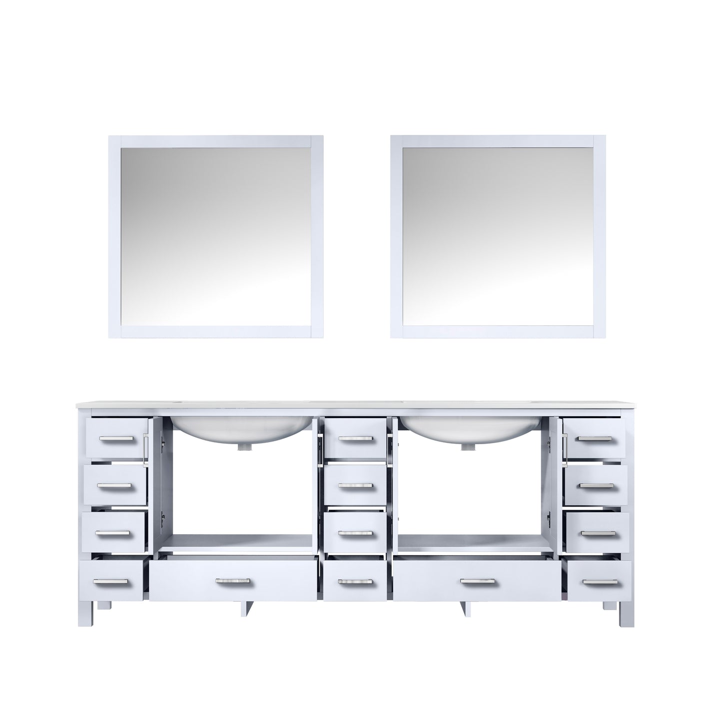 Jacques 84" White Double Vanity, White Carrara Marble Top, White Square Sinks and 34" Mirrors