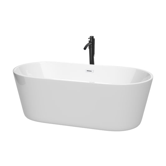 Carissa 67 Inch Freestanding Bathtub in White with Shiny White Trim and Floor Mounted Faucet in Matte Black