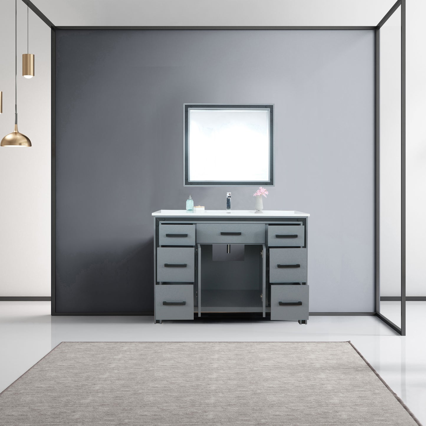 Ziva 48" Dark Grey Single Vanity, Cultured Marble Top, White Square Sink and 34" Mirror w/ Faucet