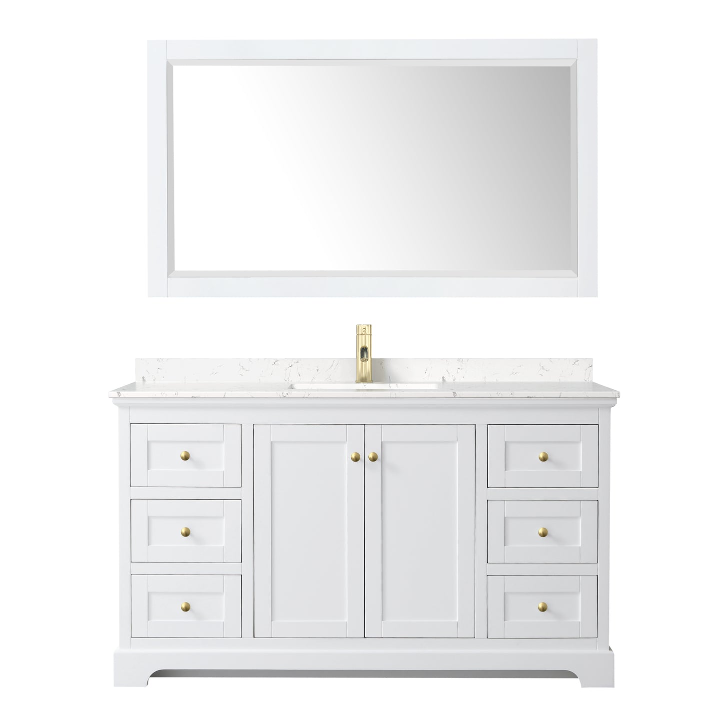 Avery 60 Inch Single Bathroom Vanity in White, Carrara Cultured Marble Countertop, Undermount Square Sink, 58 Inch Mirror, Brushed Gold Trim