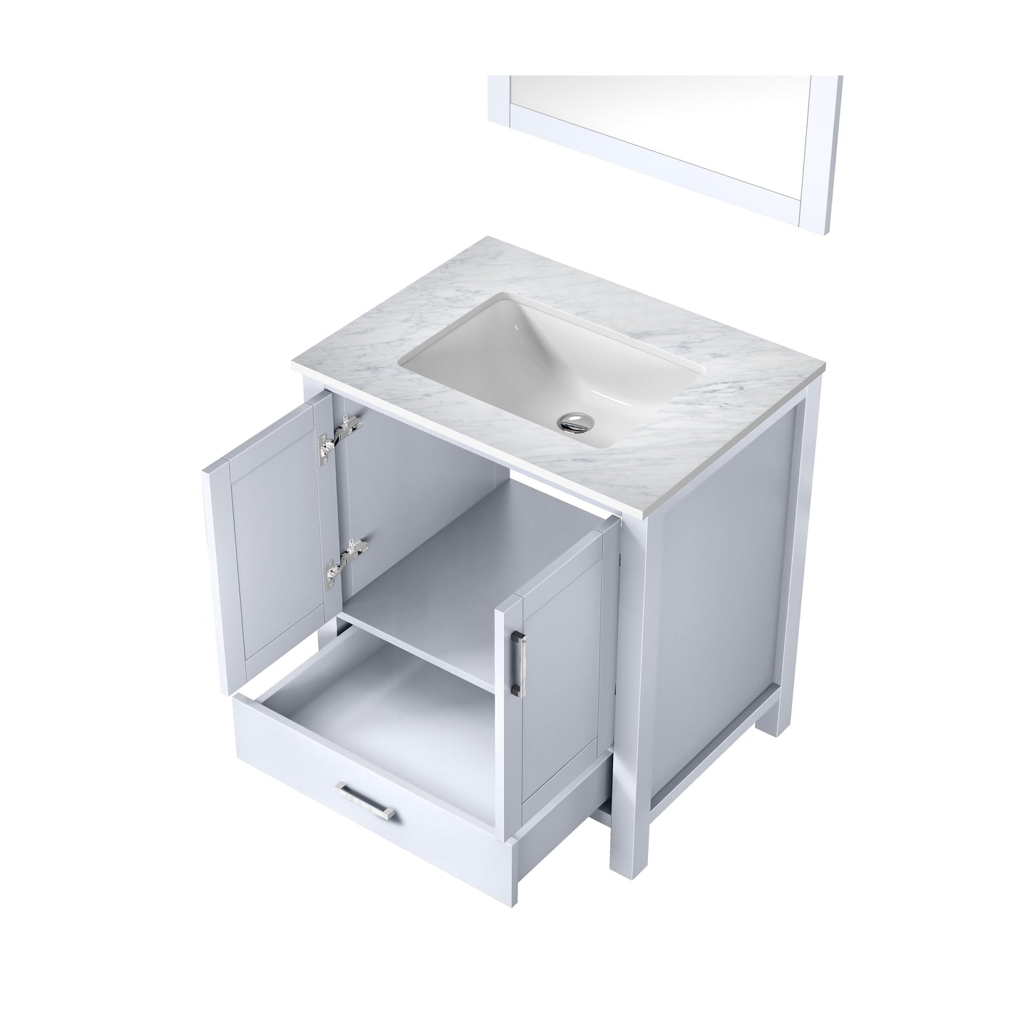 Jacques 30" White Single Vanity, White Carrara Marble Top, White Square Sink and 28" Mirror