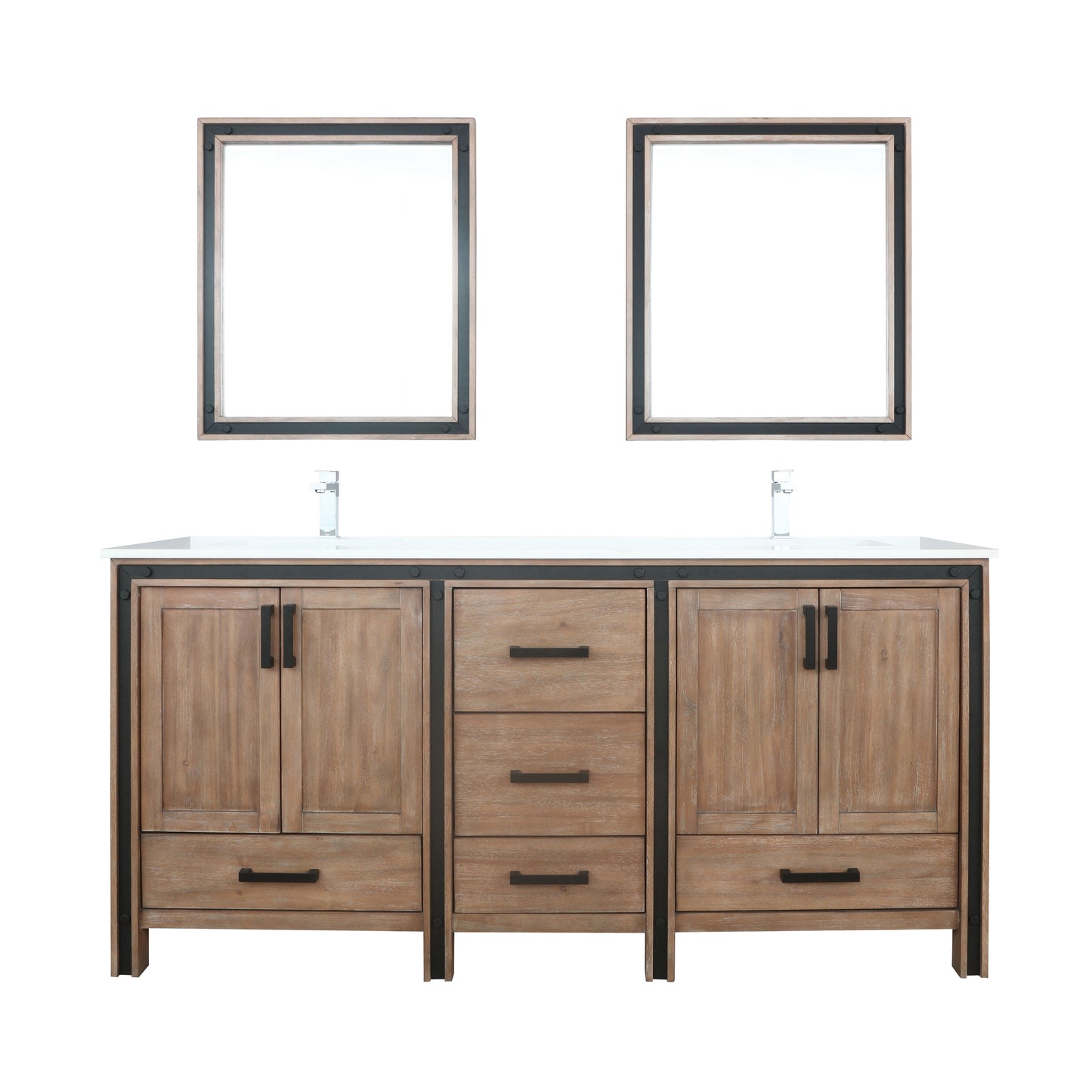 Ziva 72" Rustic Barnwood Double Vanity, Cultured Marble Top, White Square Sink and 30" Mirrors w/ Faucet