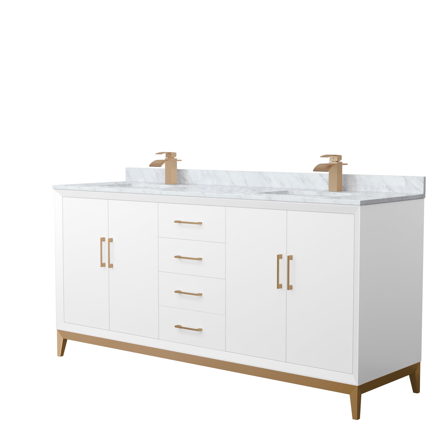 Amici 72 Inch Double Bathroom Vanity in White, White Carrara Marble Countertop, Undermount Square Sinks, Satin Bronze Trim
