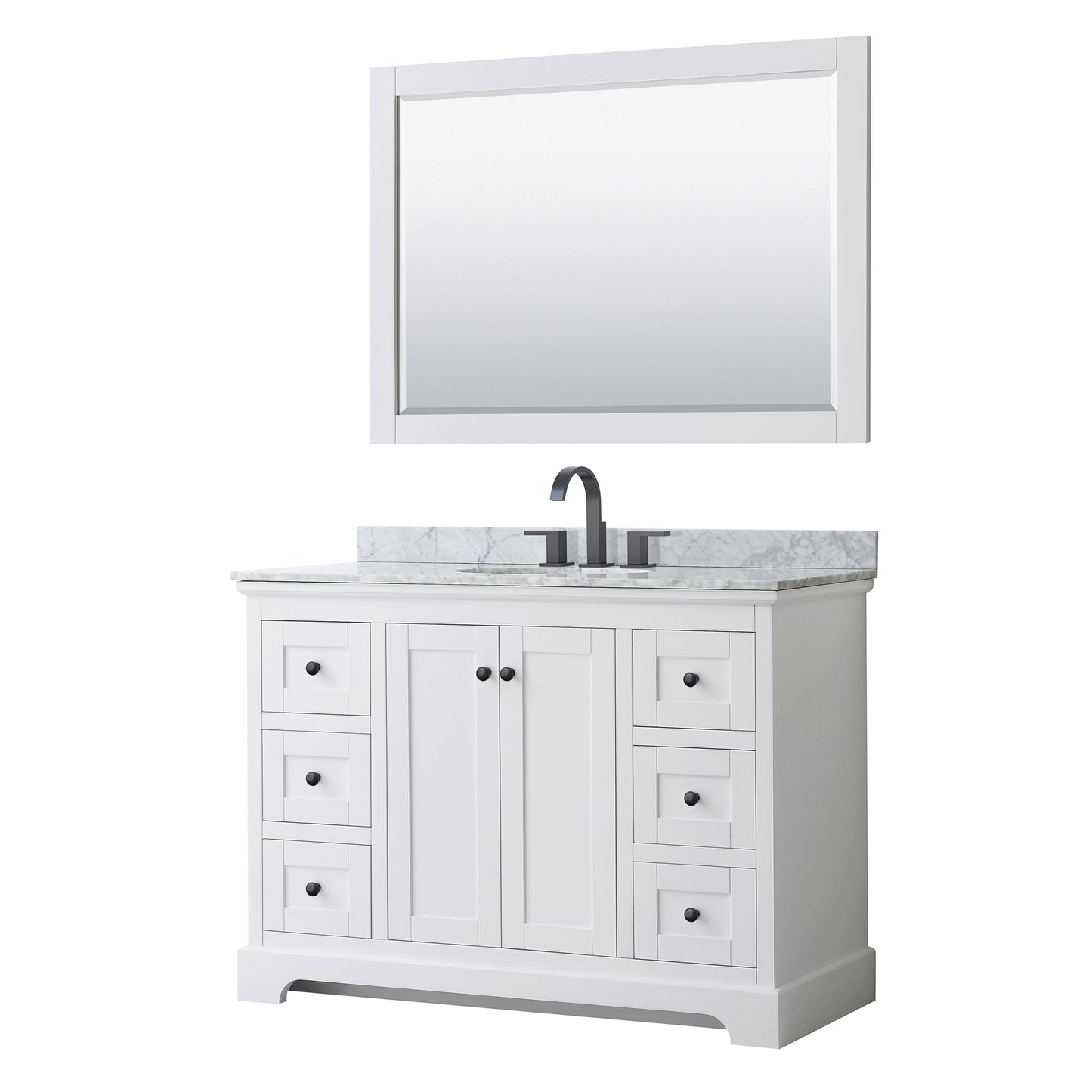 Avery 48 Inch Single Bathroom Vanity in White, White Carrara Marble Countertop, Undermount Oval Sink, Matte Black Trim, 46 Inch Mirror