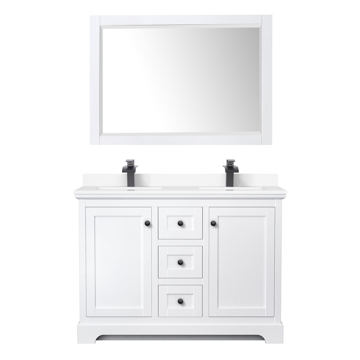 Avery 48 Inch Double Bathroom Vanity in White, White Cultured Marble Countertop, Undermount Square Sinks, Matte Black Trim, 46 Inch Mirror