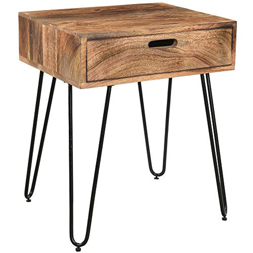Whi Solid Wood Accent, Side, Bedside Storage TABLE, NATURAL BURNT