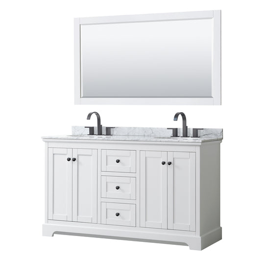 Avery 60 Inch Double Bathroom Vanity in White, White Carrara Marble Countertop, Undermount Oval Sinks, Matte Black Trim, 58 Inch Mirror