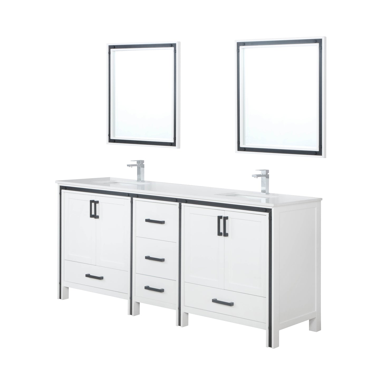 Ziva 80" White Double Vanity, Cultured Marble Top, White Square Sink and 30" Mirrors w/ Faucet