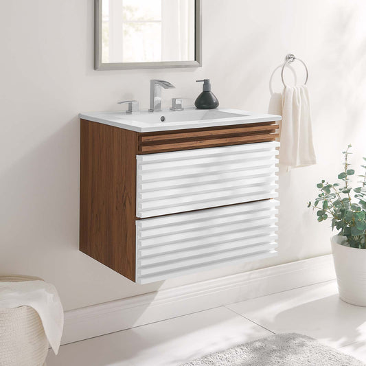 Modway Render 24" Wall-Mount Bathroom Vanity in White Walnut White