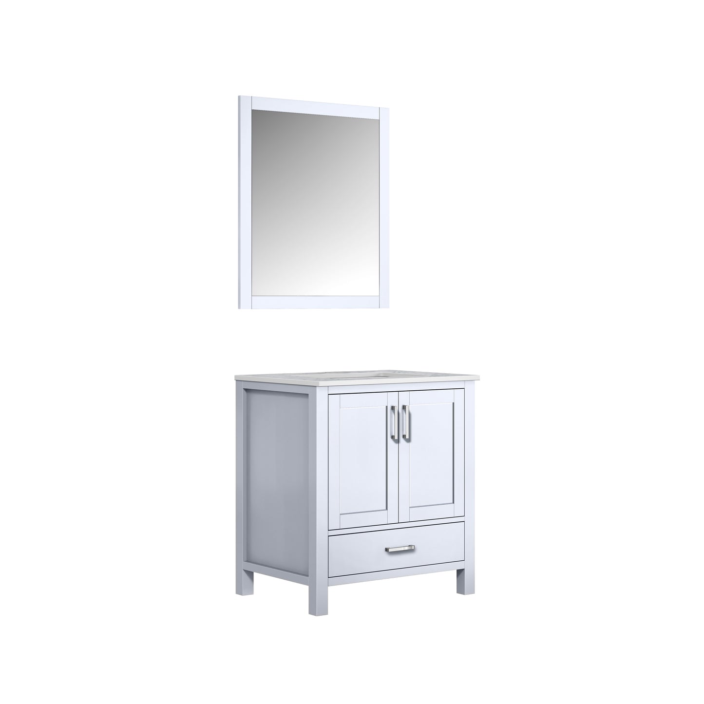 Jacques 30" White Single Vanity, White Carrara Marble Top, White Square Sink and 28" Mirror
