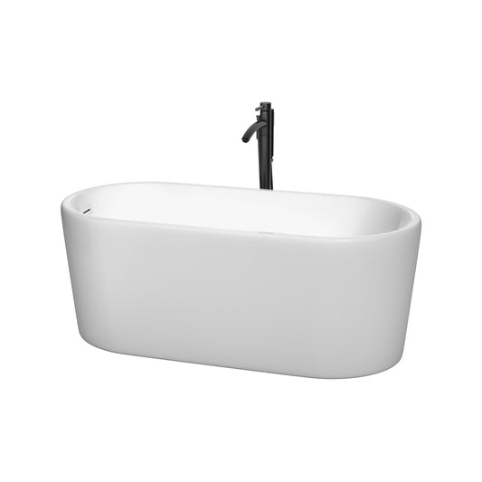 Ursula 59 Inch Freestanding Bathtub in White with Shiny White Trim and Floor Mounted Faucet in Matte Black