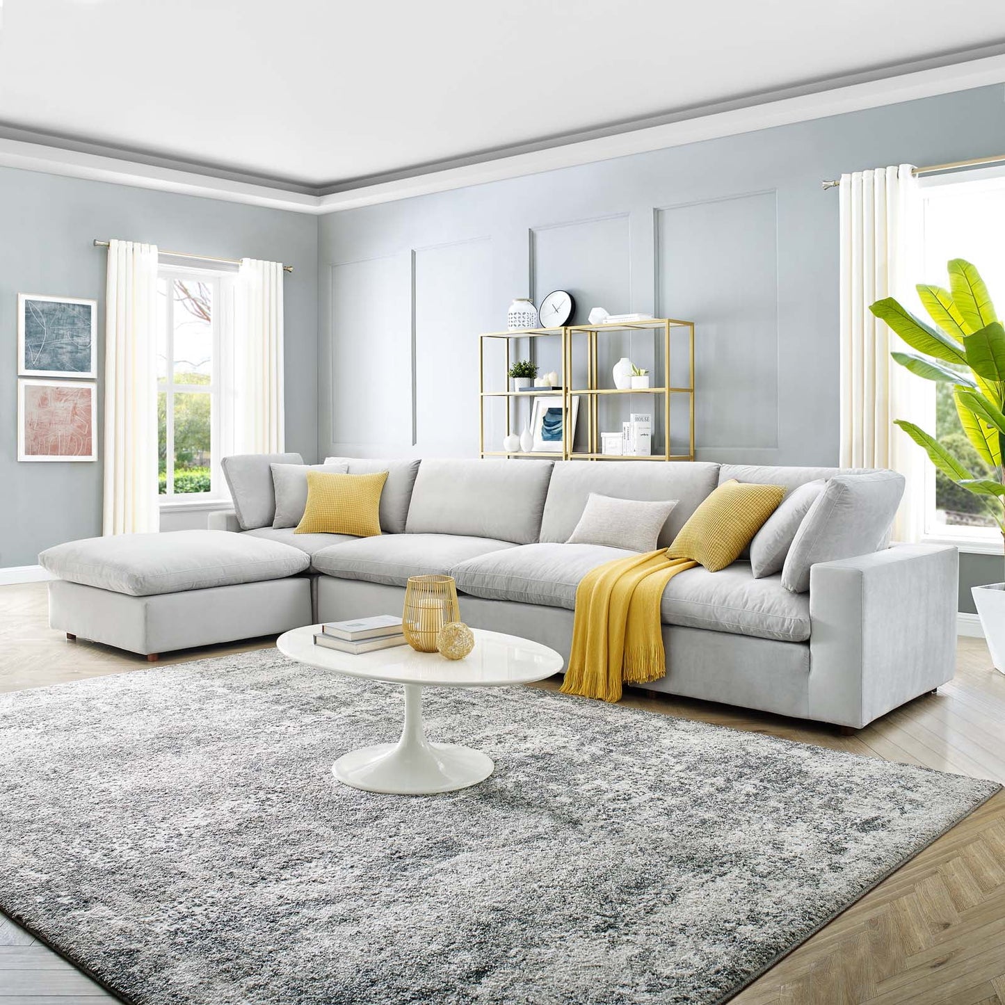 Modway Commix Down Filled Overstuffed Performance Velvet 5-Piece Sectional Sofa in Light Gray