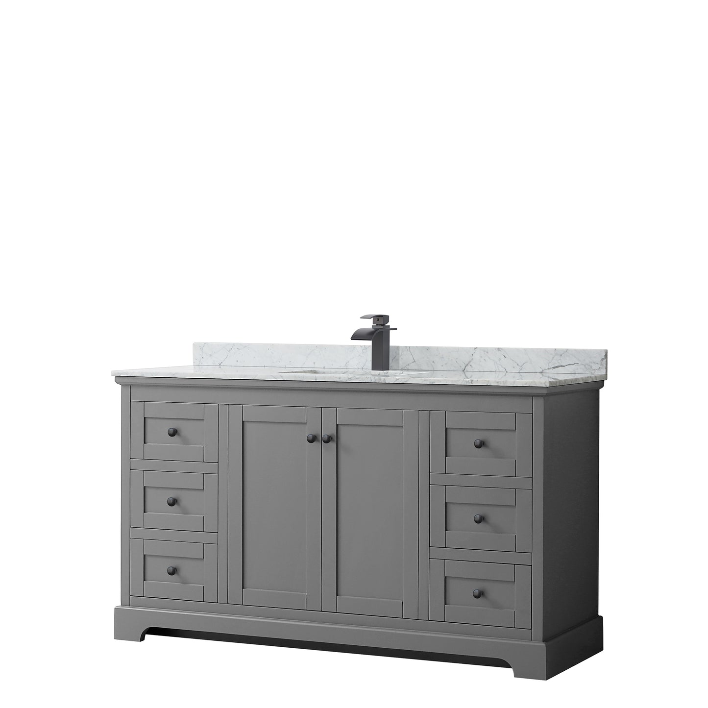 Avery 60 Inch Single Bathroom Vanity in Dark Gray, White Carrara Marble Countertop, Undermount Square Sink, Matte Black Trim