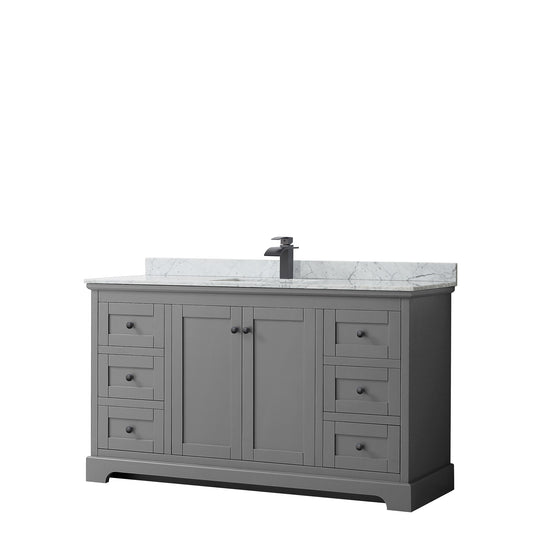 Avery 60 Inch Single Bathroom Vanity in Dark Gray, White Carrara Marble Countertop, Undermount Square Sink, Matte Black Trim