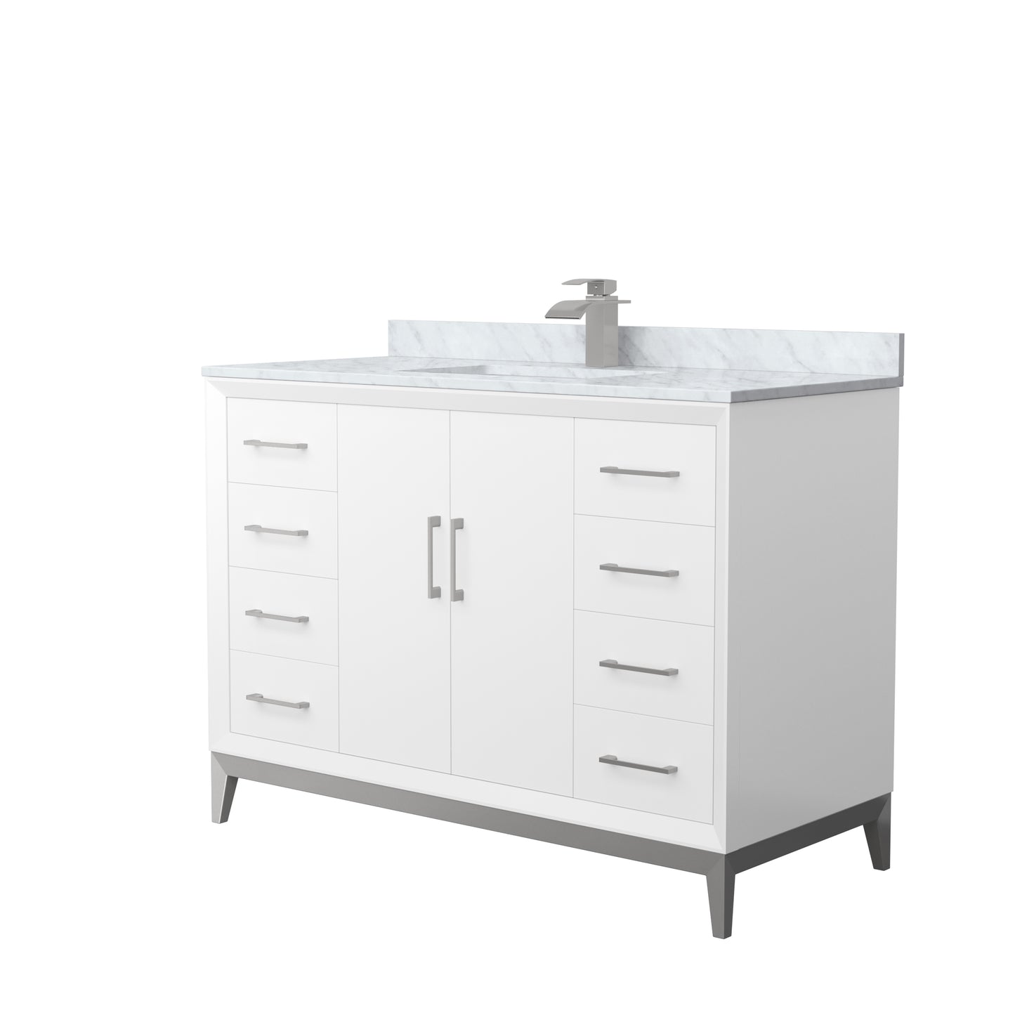 Amici 48 Inch Single Bathroom Vanity in White, White Carrara Marble Countertop, Undermount Square Sink, Brushed Nickel Trim