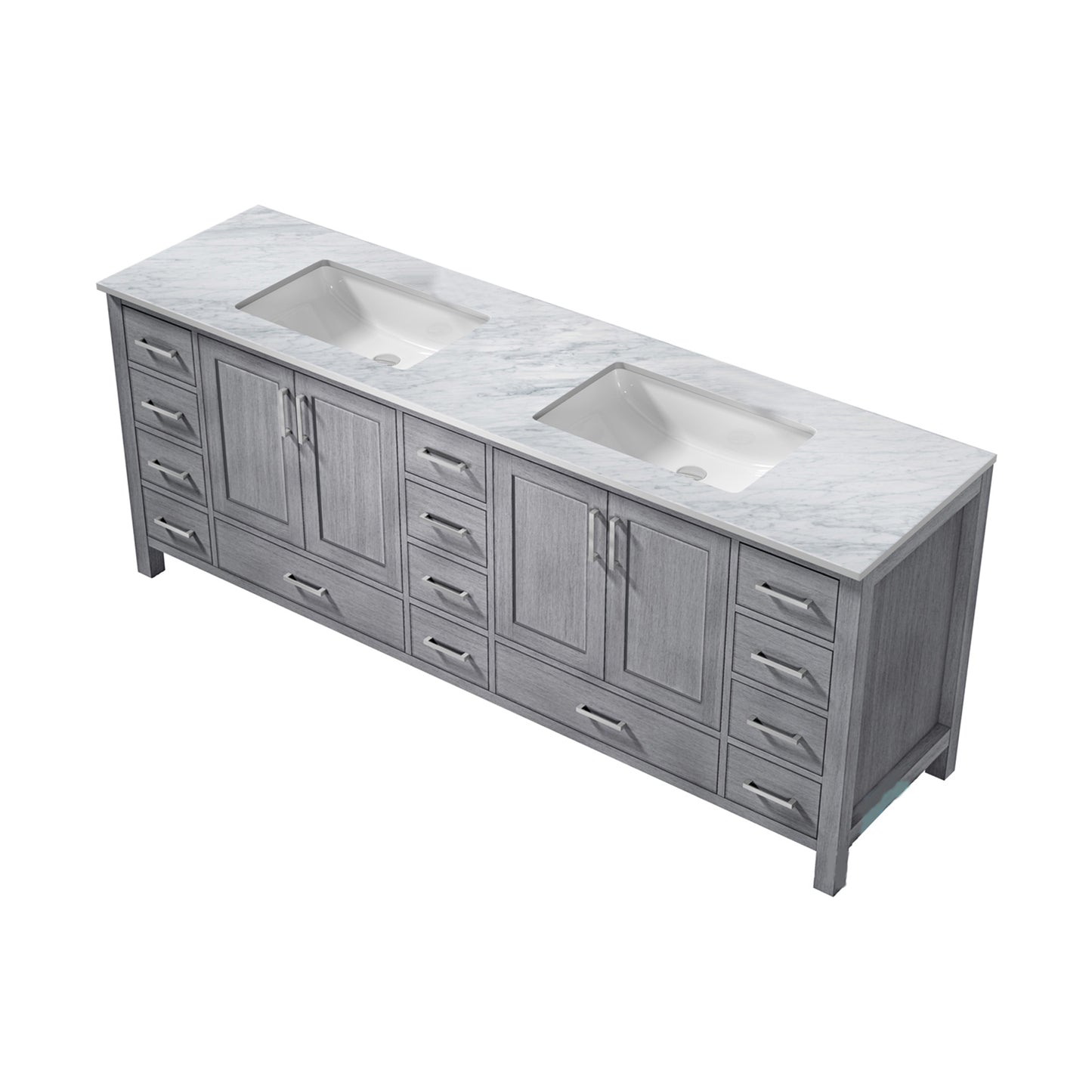 Jacques 84" Distressed Grey Double Vanity, White Carrara Marble Top, White Square Sinks and no Mirror