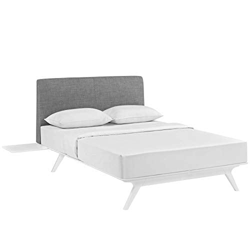 Modway Tracy Mid-Century Modern Upholstered Headboard Full Platform Wood Bed Frame with Two Side Tables, White Gray