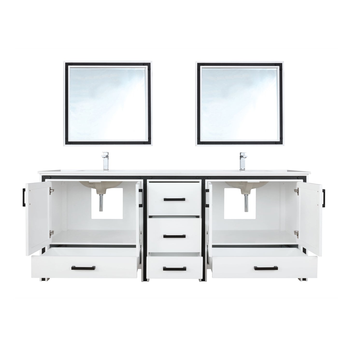 Ziva 84" White Double Vanity, Cultured Marble Top, White Square Sink and 34" Mirrors w/ Faucet