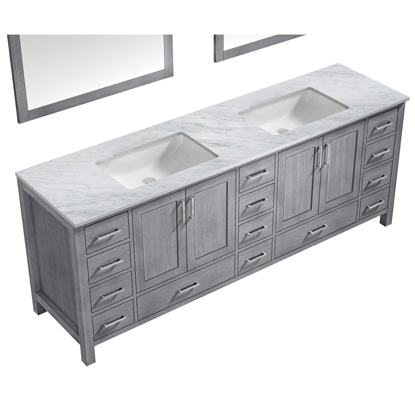 Jacques 84" Distressed Grey Double Vanity, White Carrara Marble Top, White Square Sinks and 34" Mirrors