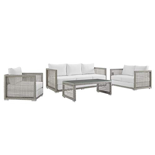 Modway Aura Outdoor Patio Wicker RattanSofa, Loveseat, Armchair and Coffee Table in Gray White