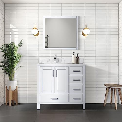 Lexora Jacques 36 in. W x 22 in. D Left Offset White Bath Vanity and 34 in. Mirrors