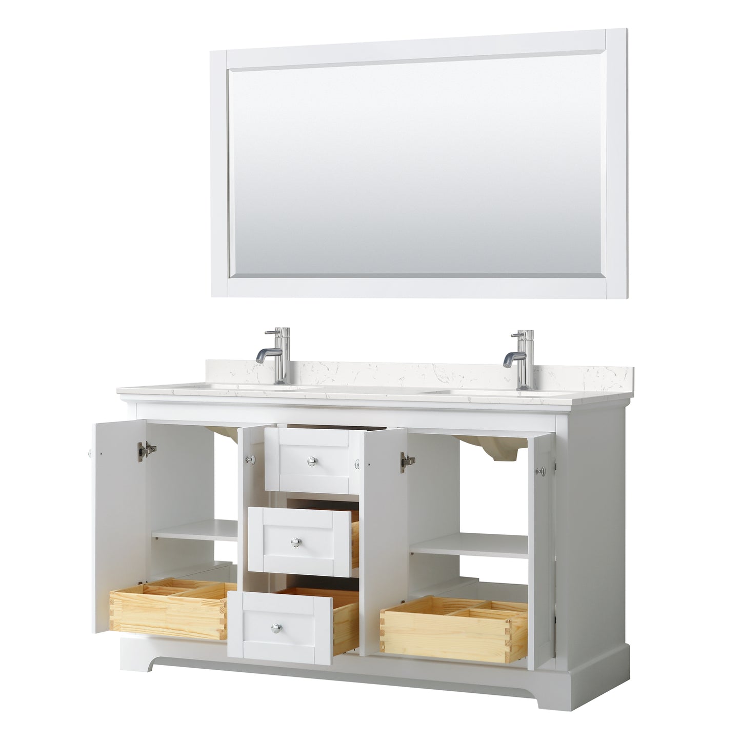 Avery 60 Inch Double Bathroom Vanity in White, Carrara Cultured Marble Countertop, Undermount Square Sinks, 58 Inch Mirror