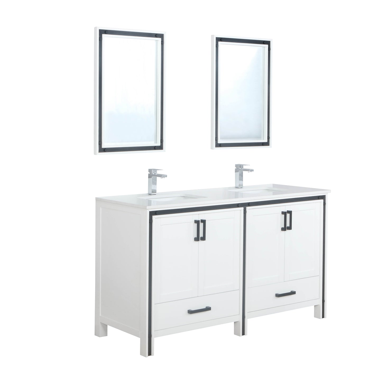 Ziva 60" White Double Vanity, Cultured Marble Top, White Square Sink and 22" Mirrors w/ Faucet