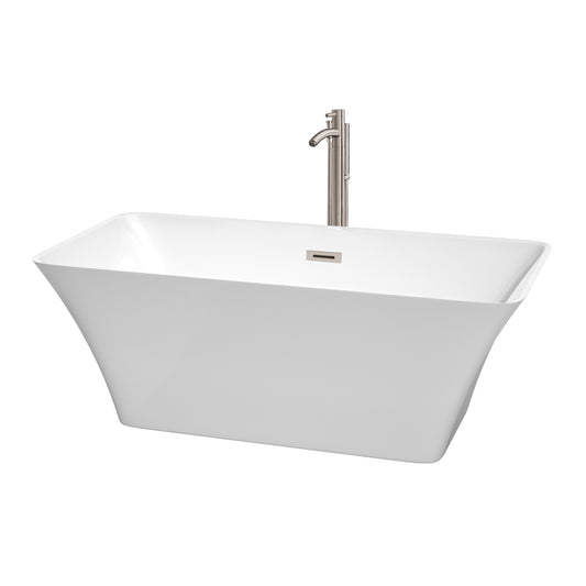 Tiffany 59 Inch Freestanding Bathtub in White with Floor Mounted Faucet, Drain and Overflow Trim in Brushed Nickel