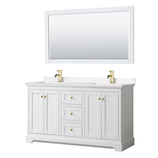 Avery 60 Inch Double Bathroom Vanity in White, Carrara Cultured Marble Countertop, Undermount Square Sinks, 58 Inch Mirror, Brushed Gold Trim
